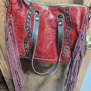 Myra Bag Red and Brown Embossed Shoulder Bag with Fringe